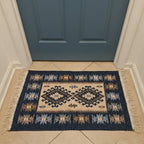 Turkish Kilim Rug, Vintage Bohemian Geometric Pattern, Blue and Beige, Reversible, Washable – Area Rug for Living Room, Hallway or Entryway, 2' x 4'1"
