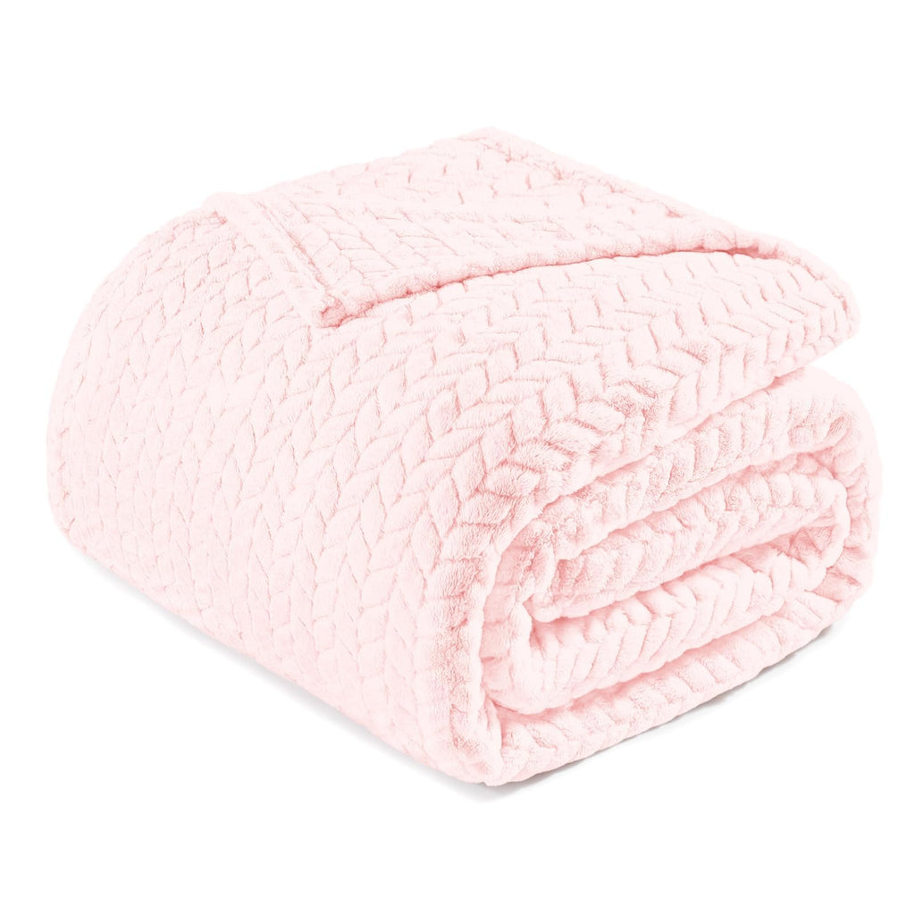 Exclusivo Mezcla Fleece Queen Size Blanket for Bed, 90x90 Inches Soft Cozy Jacquard Flannel Blankets, Lightweight Fuzzy Plush for Women, Pink