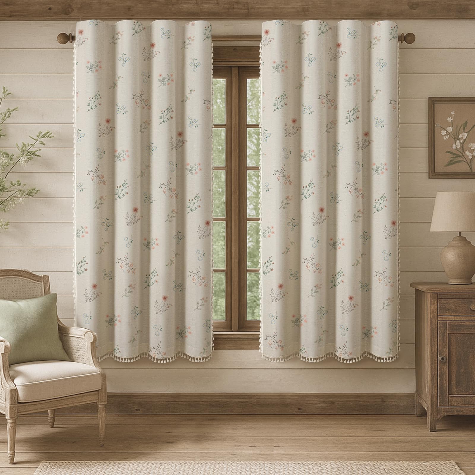 Floral Embroidered Linen Blend Curtains for Bedroom, 84 Inch Light Filtering Spring Farmhouse Vintage Drapes Beige Flower Window Treatments for Living Room Rod Pocket, Set of 2 Panels