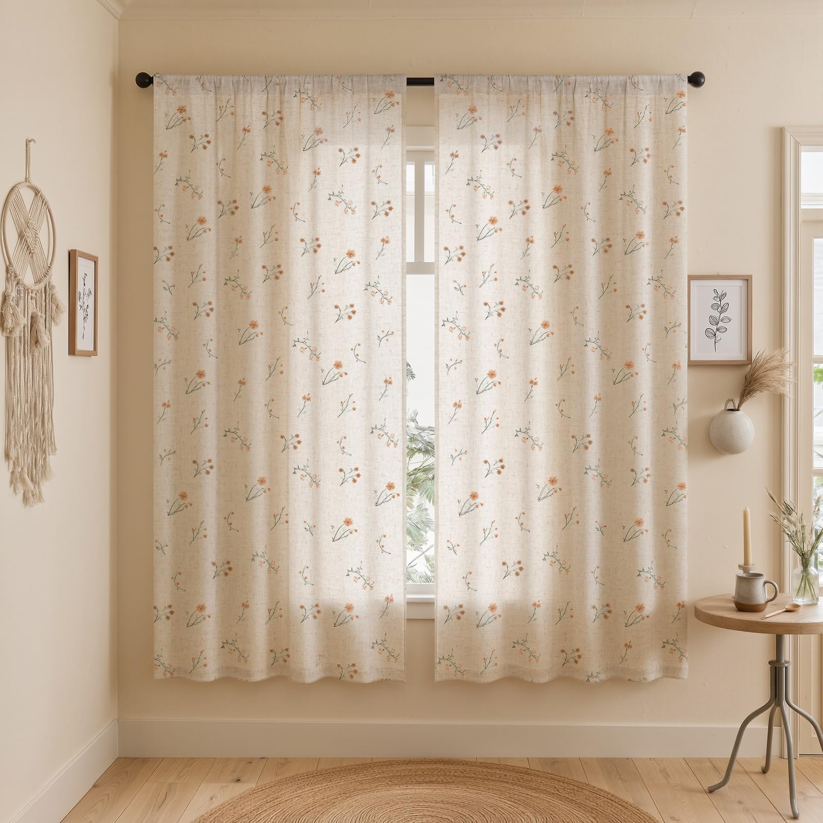 Floral Embroidered Linen Blend Curtains for Bedroom, 84 Inch Light Filtering Spring Farmhouse Vintage Drapes Beige Flower Window Treatments for Living Room Rod Pocket, Set of 2 Panels