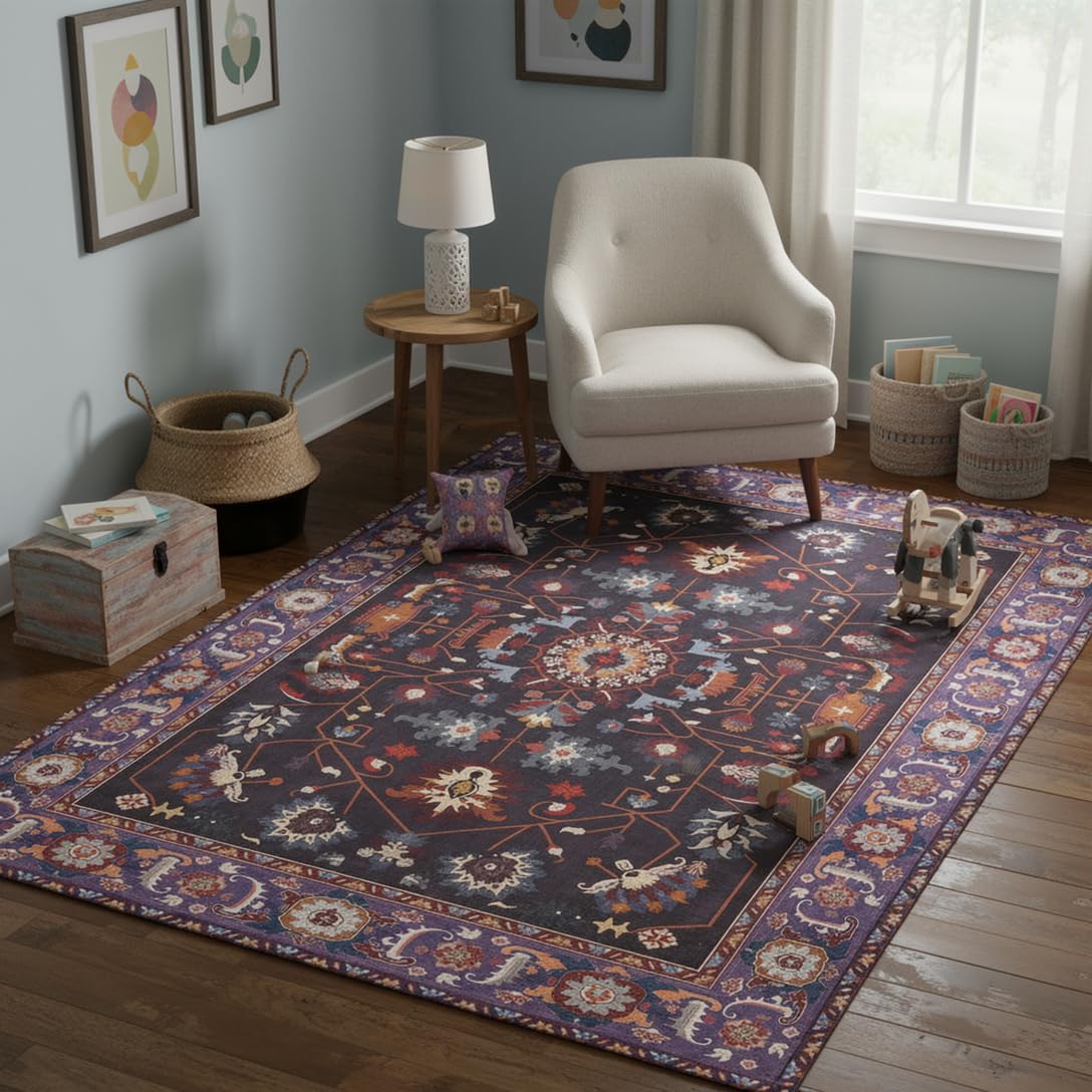 8x10 Area Rugs Living Room Washable Non Slip Low Pile Oushak Vintage Stain Resistant Soft Large Oriental Rugs for Bedroom, Dining Room, Kitchen, Indoor Leisure Rooms, Nova Burgundy Fuchsia Orange Soda