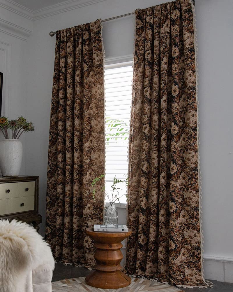 vctops Vintage Floral Oil Painting Curtains with Tassels Set of 2 Panels Rod Pocket Thermal Insulated Room Darkening Window Curtains/Drapes for Bedroom Living Room (Coffee,59"x94")