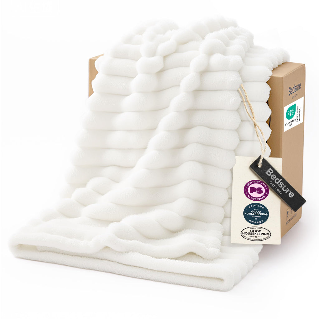 Bedsure GentleSoft Blankets Queen Size for Bed - Cozy Soft Sofa Couch Cover Blankets for Women, Cute Large Bedding Fleece Throws for Girls, Off White, 90x90 Inches