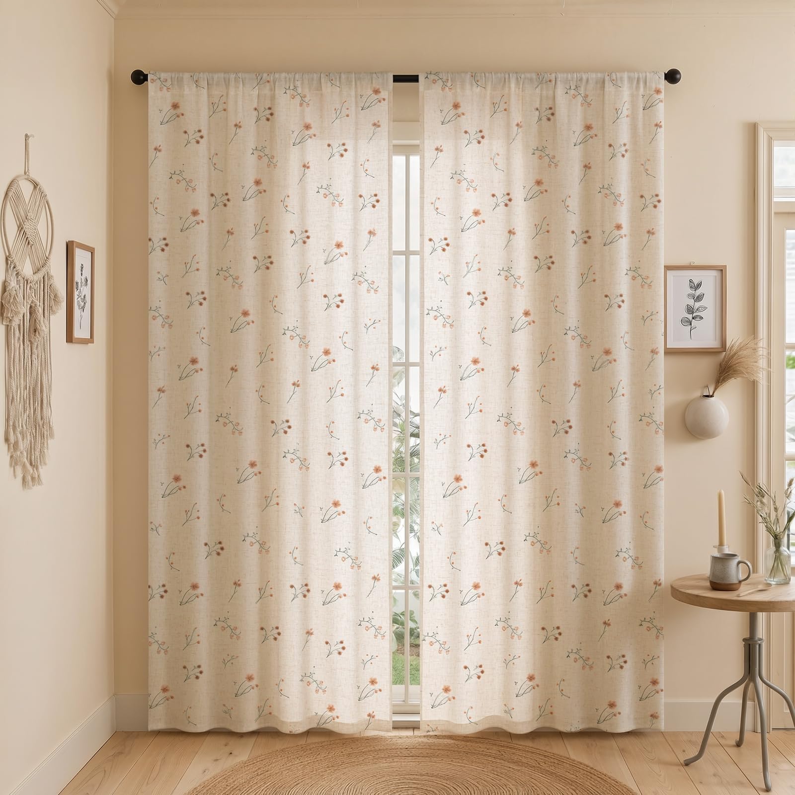 Floral Embroidered Linen Blend Curtains for Bedroom, 84 Inch Light Filtering Spring Farmhouse Vintage Drapes Beige Flower Window Treatments for Living Room Rod Pocket, Set of 2 Panels