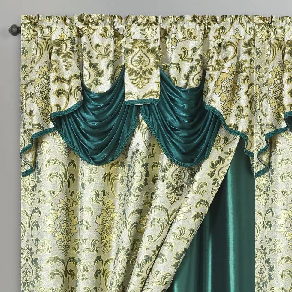 GOHD Samba Star. Jacquard Window Curtain Panel Drape with Attached Fancy Valance and Taffeta Backing. 2pcs Set. Each pc 54" Wide x 90" Drop with 18" Valance. (Hunter Green)