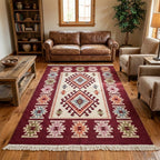 Turkish Kilim Rug, Vintage Bohemian Geometric Pattern, Blue and Beige, Reversible, Washable – Area Rug for Living Room, Hallway or Entryway, 2' x 4'1"