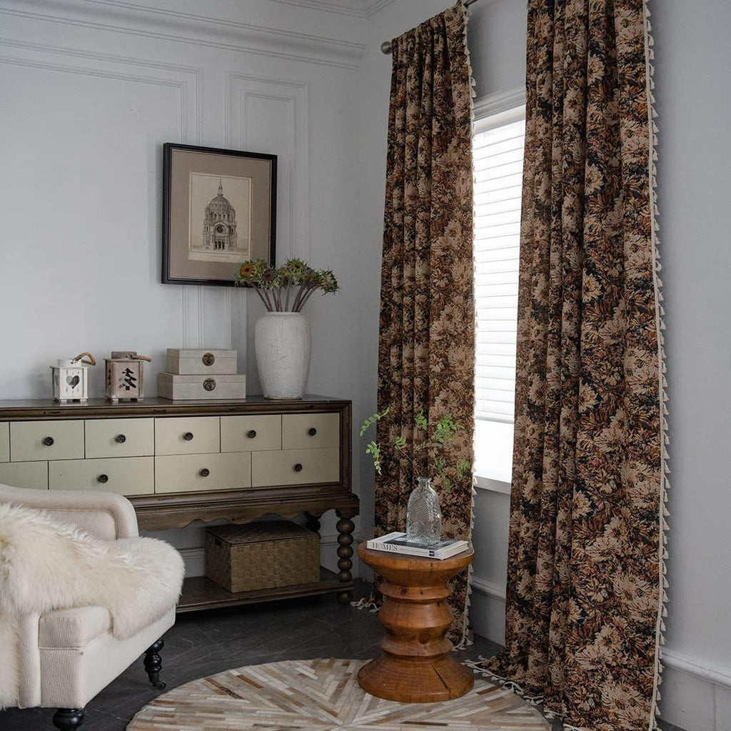 vctops Vintage Floral Oil Painting Curtains with Tassels Set of 2 Panels Rod Pocket Thermal Insulated Room Darkening Window Curtains/Drapes for Bedroom Living Room (Coffee,59"x94")