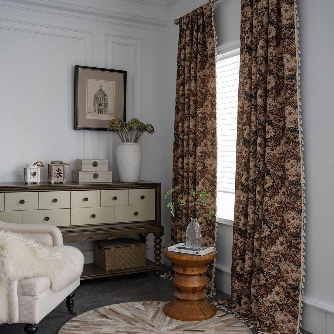 vctops Vintage Floral Oil Painting Curtains with Tassels Set of 2 Panels Rod Pocket Thermal Insulated Room Darkening Window Curtains/Drapes for Bedroom Living Room (Coffee,59"x94")