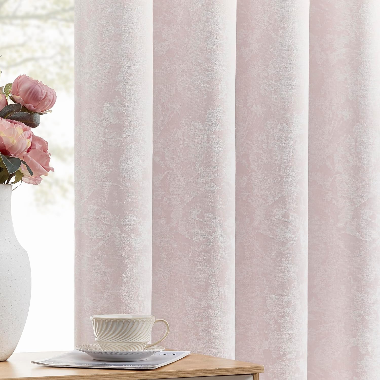 Beauoop Beige Floral Jacquard Blackout Curtains 90 Inches Long 2 Panels for Bedroom Living Room Chenille Flower Room Darkening Thermal Insulated Soundproof Rod Pocket Back Tab Window Drapes 52x90