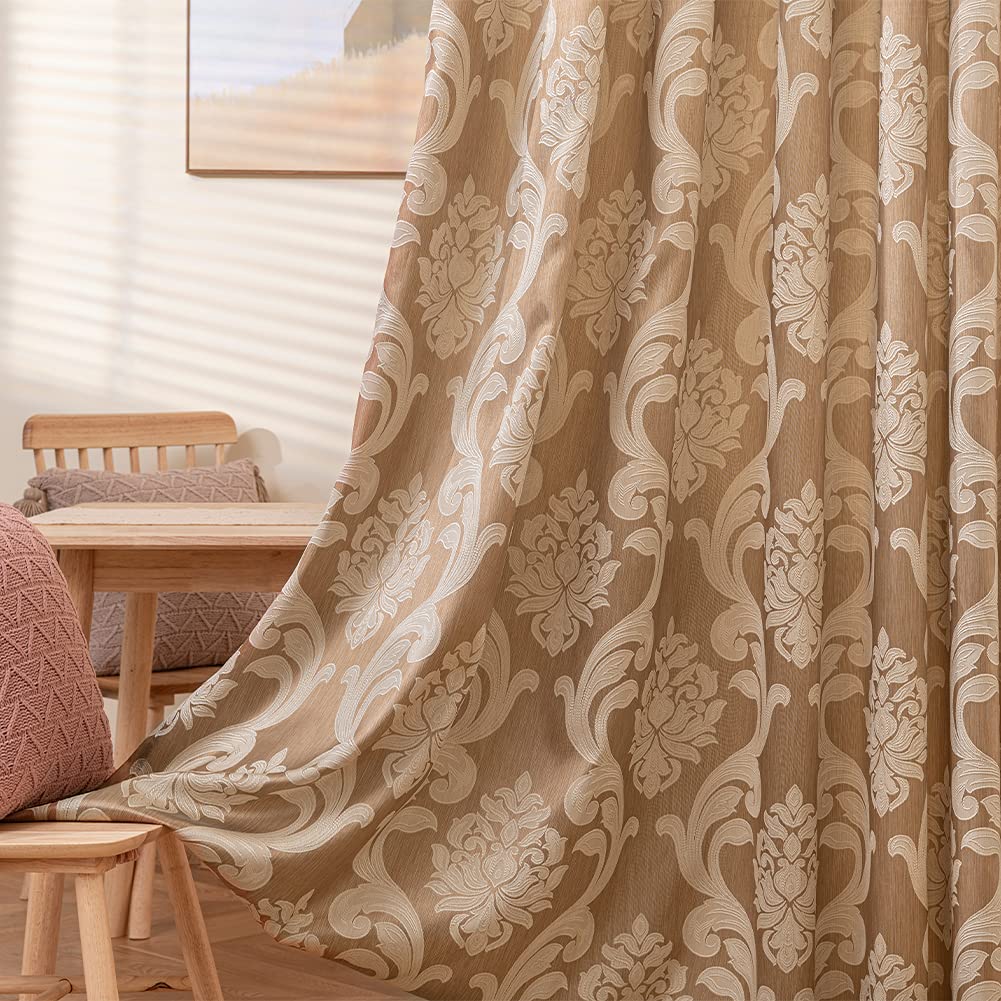 NAPEARL Damask Curtains-Fancy Jacquard Semi-Blackout Brown Curtain Drapes for legant & Private Living Room & Bedroom, Luxury Curtains 96 Inches Length (2 Panels, Each 52 x 96 Inches)
