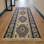 Turkish Kilim Rug, Vintage Bohemian Geometric Pattern, Blue and Beige, Reversible, Washable – Area Rug for Living Room, Hallway or Entryway, 2' x 4'1"