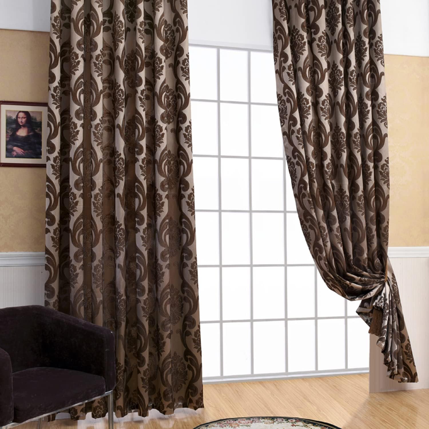 NAPEARL Damask Curtains-Fancy Jacquard Semi-Blackout Brown Curtain Drapes for legant & Private Living Room & Bedroom, Luxury Curtains 96 Inches Length (2 Panels, Each 52 x 96 Inches)