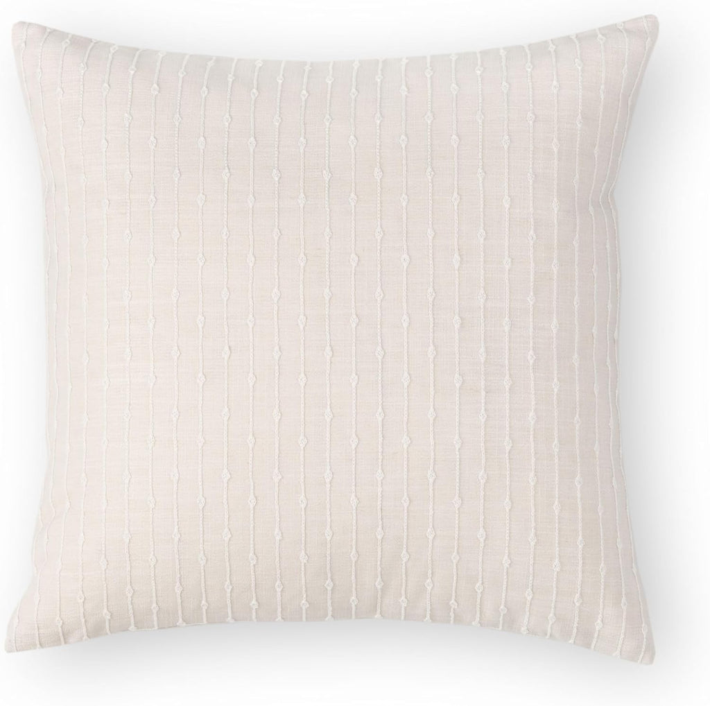 Crumbs Home Coastal Linen Indoor Outdoor Throw Pillow Cover Only, 20"x20" Water Repellent for Patio, Backyard, Couch, Neutral Beige Embroidered Stripes