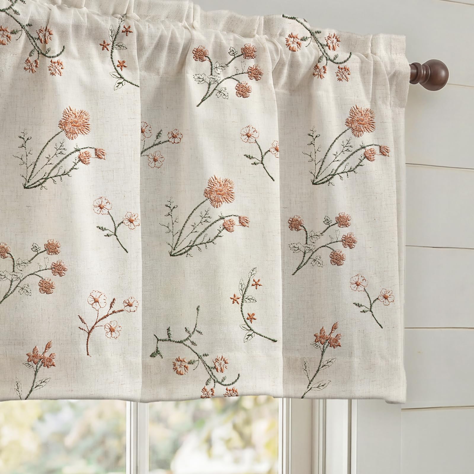 Floral Embroidered Linen Blend Curtains for Bedroom, 84 Inch Light Filtering Spring Farmhouse Vintage Drapes Beige Flower Window Treatments for Living Room Rod Pocket, Set of 2 Panels
