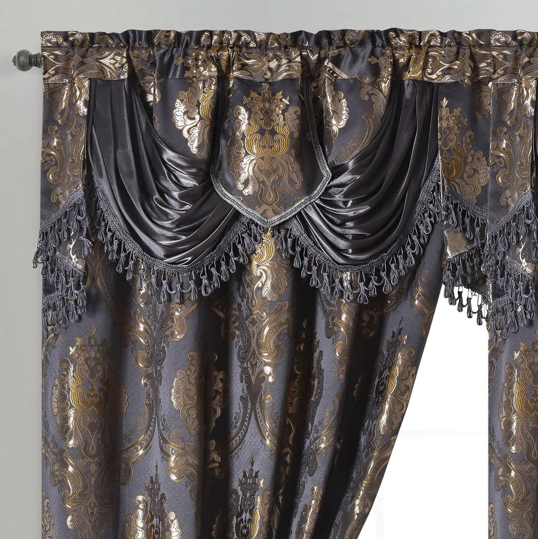 GOHD Luxe Love. Jacquard Window Curtain Panel Drape with Attached Fancy Valance. 2pcs Set (Sand, 84" Drop x 54" Wide with 18" Valance x 2pcs)