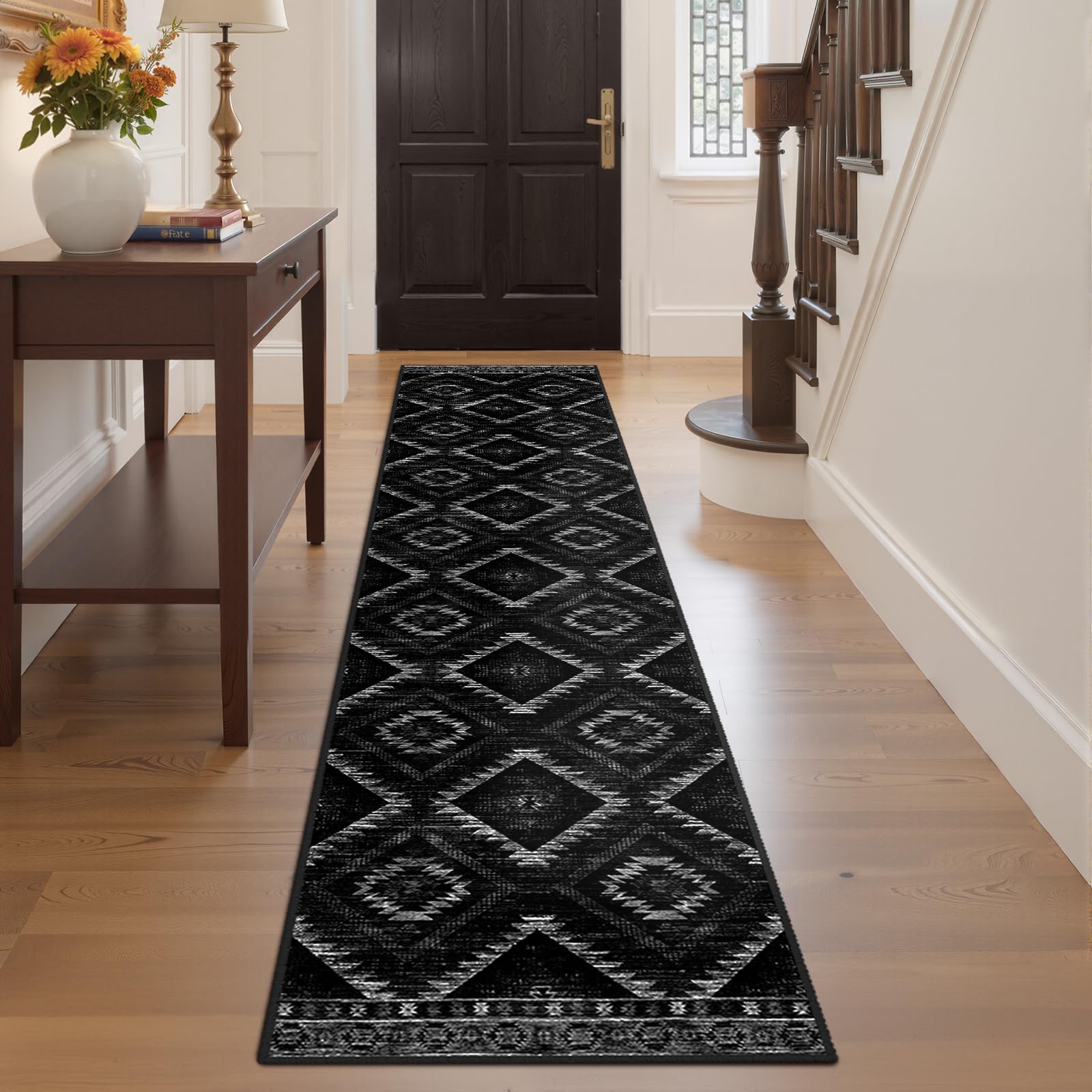 BESTSWEETIE Area Rug 5x7 Rug Machine Washable Non-Slip Low Pile Print Pattern Western Rug for Living Room Bedroom Entryway Tribal Series -Black