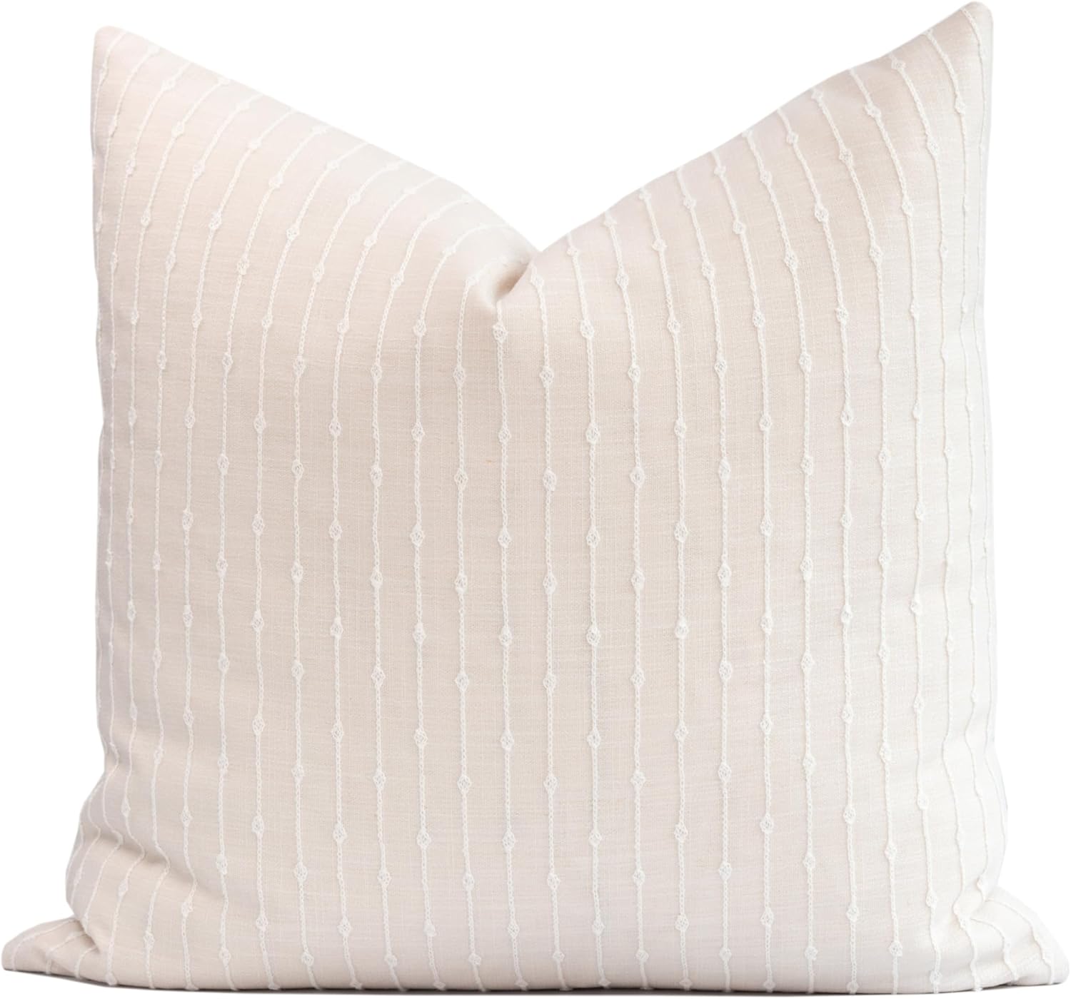 Crumbs Home Coastal Linen Indoor Outdoor Throw Pillow Cover Only, 20"x20" Water Repellent for Patio, Backyard, Couch, Neutral Beige Embroidered Stripes