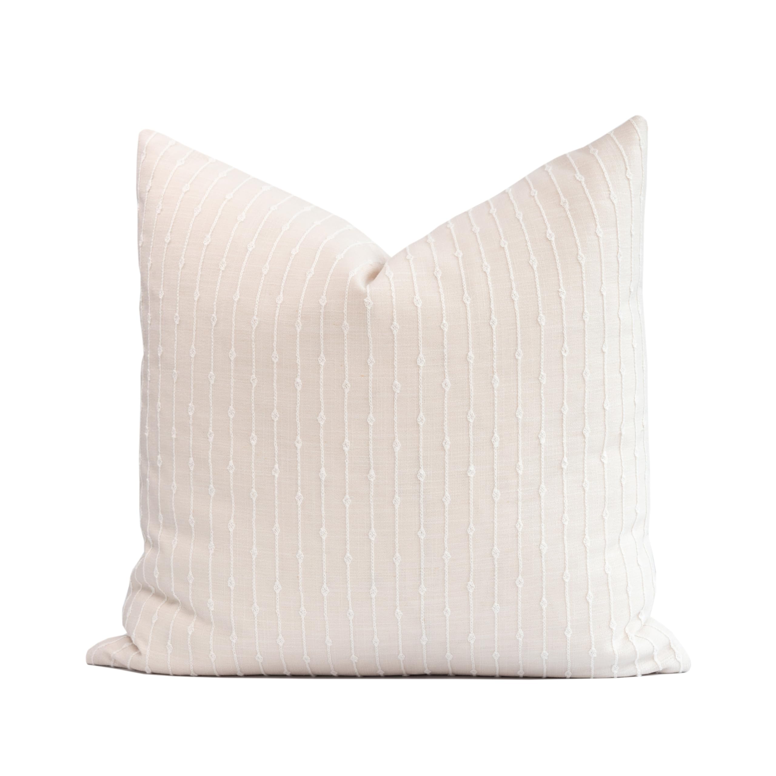 Crumbs Home Coastal Linen Indoor Outdoor Throw Pillow Cover Only, 20"x20" Water Repellent for Patio, Backyard, Couch, Neutral Beige Embroidered Stripes