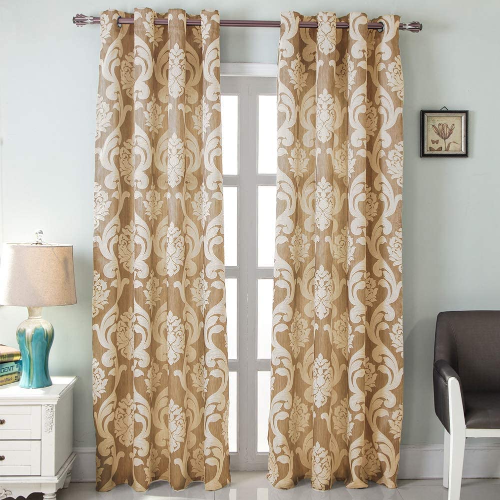 NAPEARL Damask Curtains-Fancy Jacquard Semi-Blackout Brown Curtain Drapes for legant & Private Living Room & Bedroom, Luxury Curtains 96 Inches Length (2 Panels, Each 52 x 96 Inches)