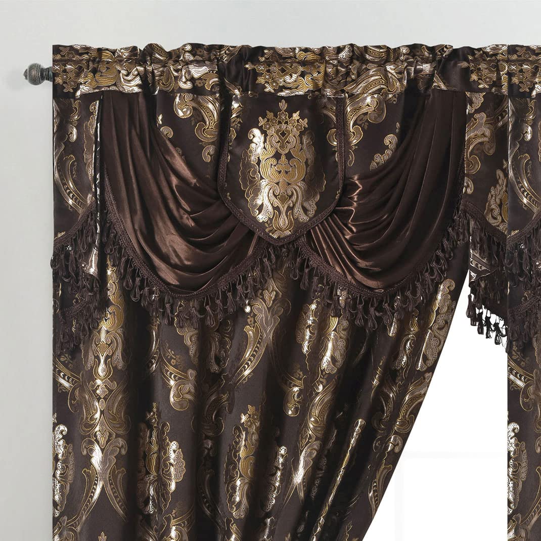 GOHD Luxe Love. Jacquard Window Curtain Panel Drape with Attached Fancy Valance. 2pcs Set (Sand, 84" Drop x 54" Wide with 18" Valance x 2pcs)