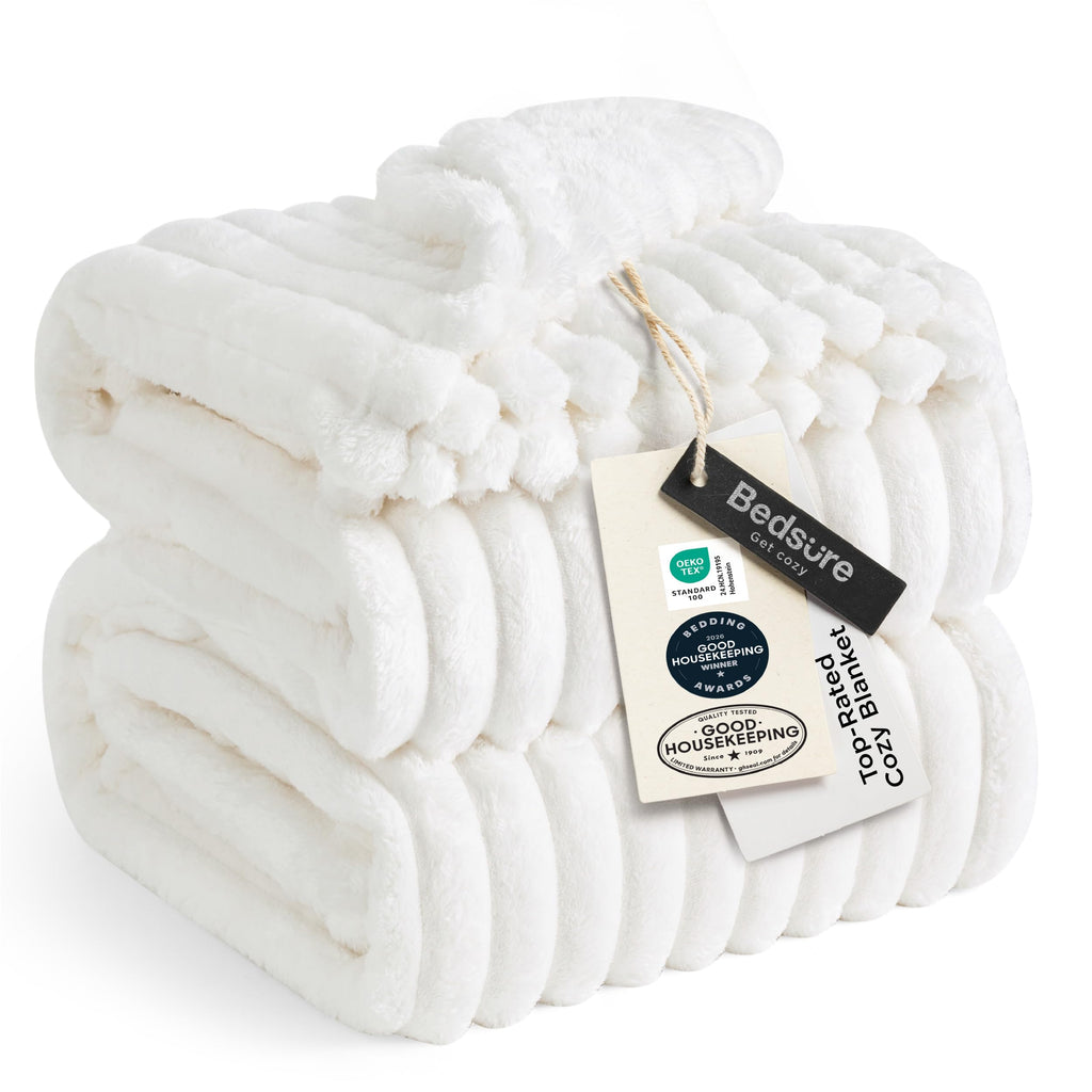 Bedsure GentleSoft Blankets Queen Size for Bed - Cozy Soft Sofa Couch Cover Blankets for Women, Cute Large Bedding Fleece Throws for Girls, Off White, 90x90 Inches
