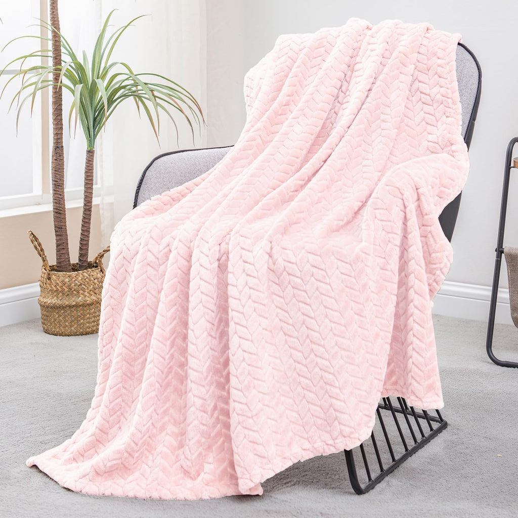 Exclusivo Mezcla Fleece Queen Size Blanket for Bed, 90x90 Inches Soft Cozy Jacquard Flannel Blankets, Lightweight Fuzzy Plush for Women, Pink