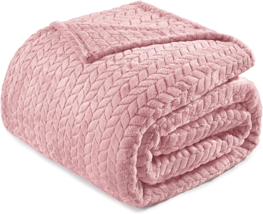 Exclusivo Mezcla Fleece Queen Size Blanket for Bed, 90x90 Inches Soft Cozy Jacquard Flannel Blankets, Lightweight Fuzzy Plush for Women, Pink
