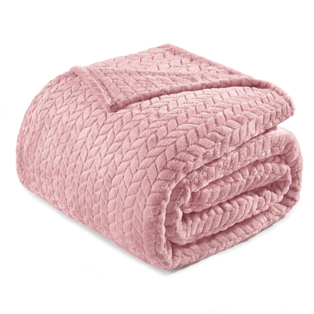 Exclusivo Mezcla Fleece Queen Size Blanket for Bed, 90x90 Inches Soft Cozy Jacquard Flannel Blankets, Lightweight Fuzzy Plush for Women, Pink