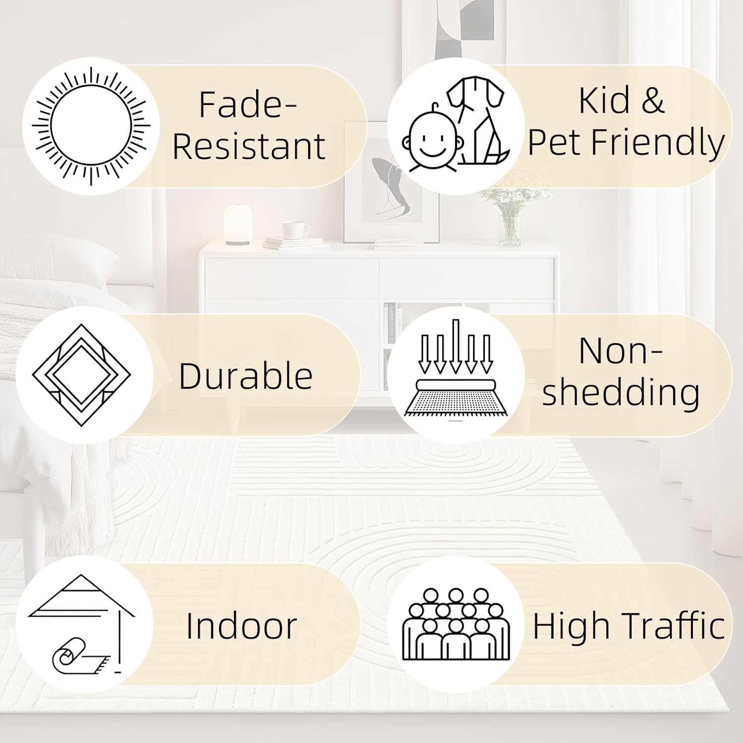 5x7 Geometric Solid Beige Area Rug – Washable, Durable Non-Slip Indoor Carpet with Soft High-Low Pile, Fluffy Floor Rugs for Living Room, Bedroom, Bedside, Kids Room, Nursery,Home Office Décor