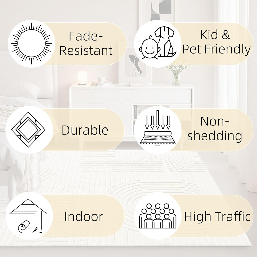 Beige Solid Area Rug 8x10 – Large Washable Soft Indoor Rugs for Living Room Bedroom, Modern Geometric Bohemian Pattern High-Low Pile Textured Carpet for House Apartment, Home Office Decor
