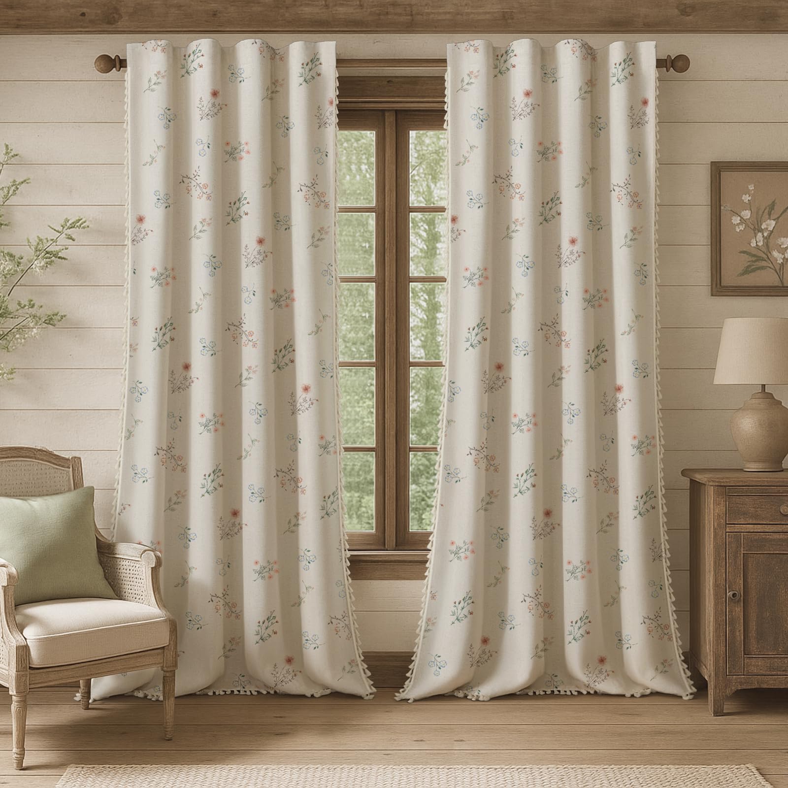 Floral Embroidered Linen Blend Curtains for Bedroom, 84 Inch Light Filtering Spring Farmhouse Vintage Drapes Beige Flower Window Treatments for Living Room Rod Pocket, Set of 2 Panels