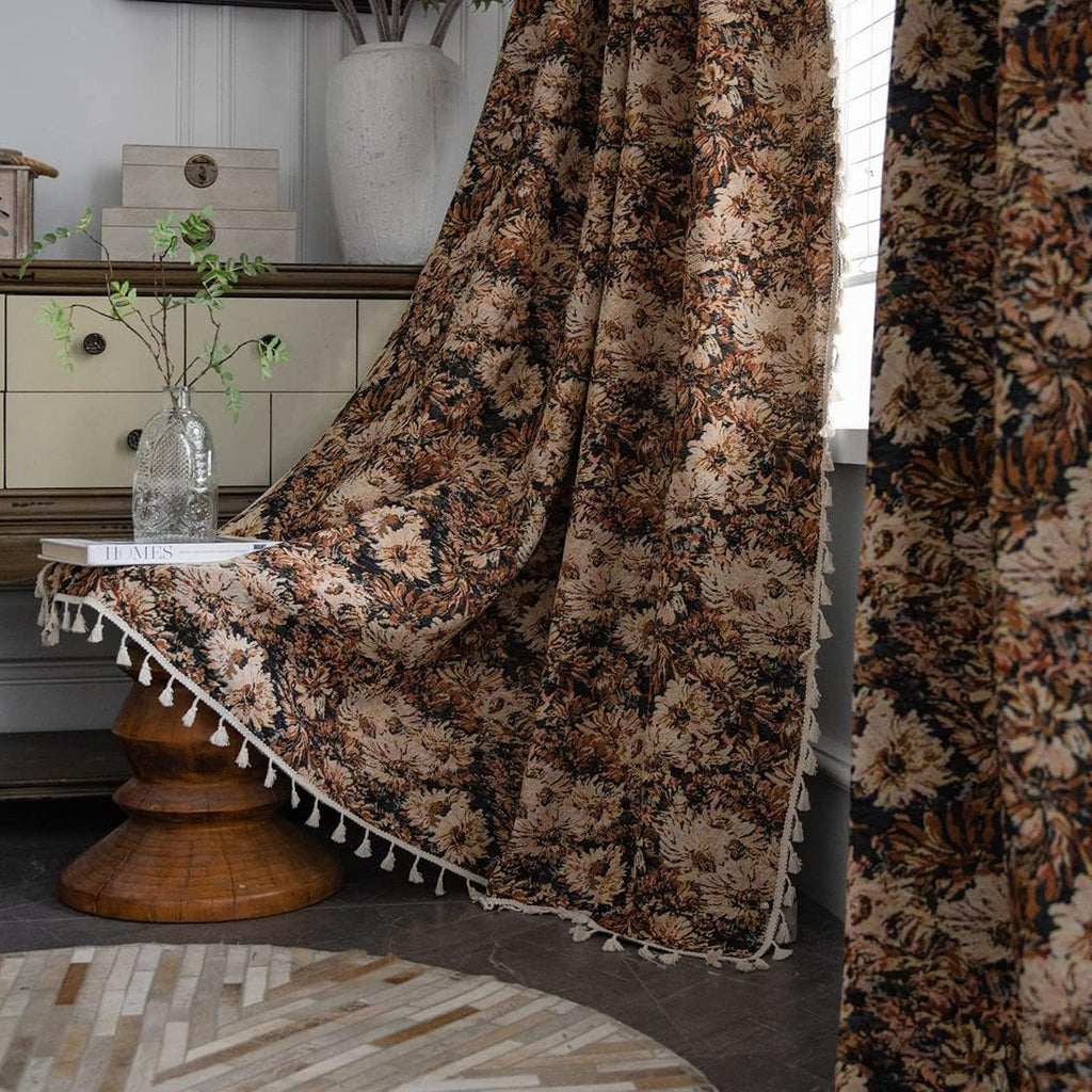vctops Vintage Floral Oil Painting Curtains with Tassels Set of 2 Panels Rod Pocket Thermal Insulated Room Darkening Window Curtains/Drapes for Bedroom Living Room (Coffee,59"x94")