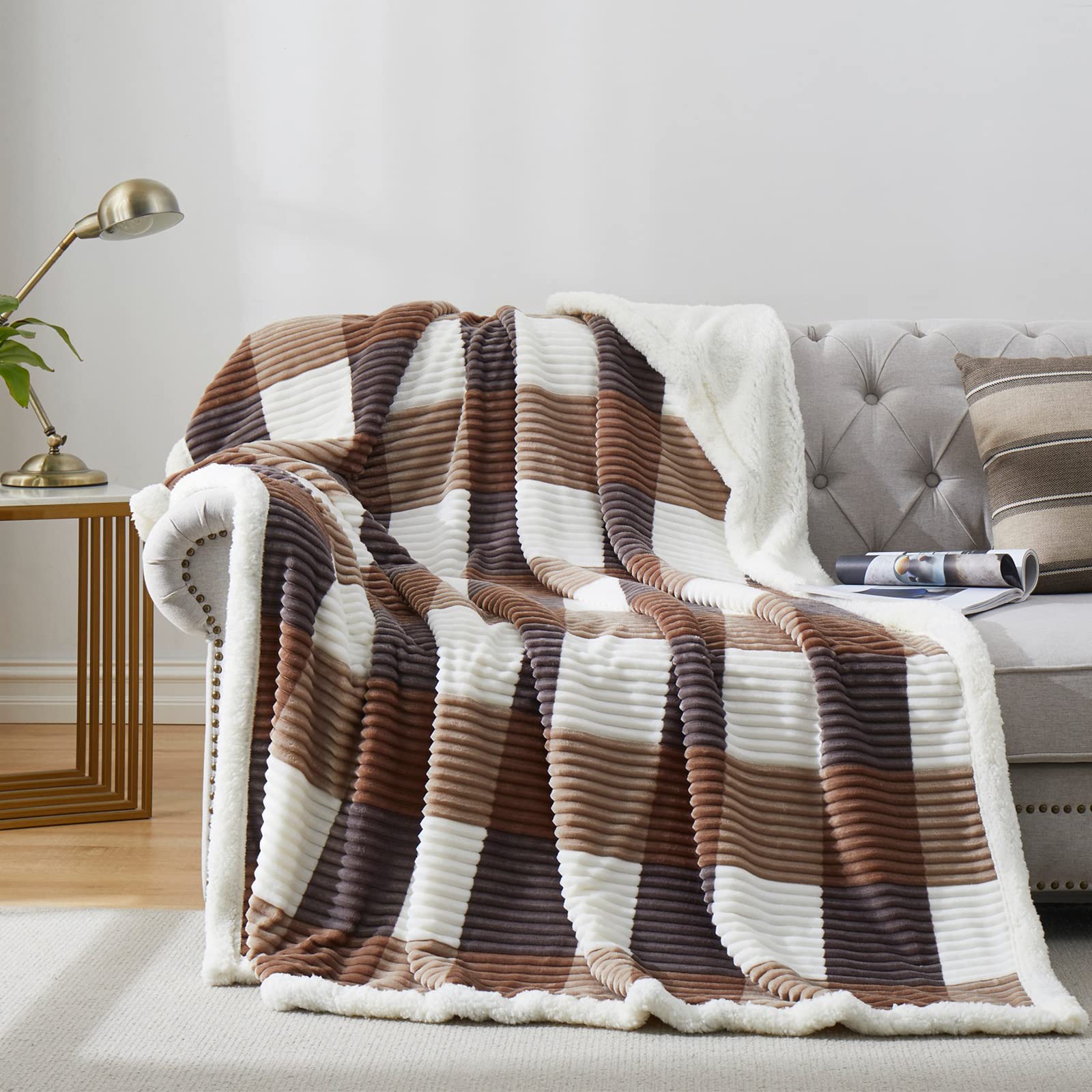PU MEI Sherpa Fleece Throw Blanket 60" x 80" Reversible Plush Fluffy Large Big Blanket Lattice Flannel Blankets for Sofa Couch Bed (Grey-Soft Blue, 60"*80")
