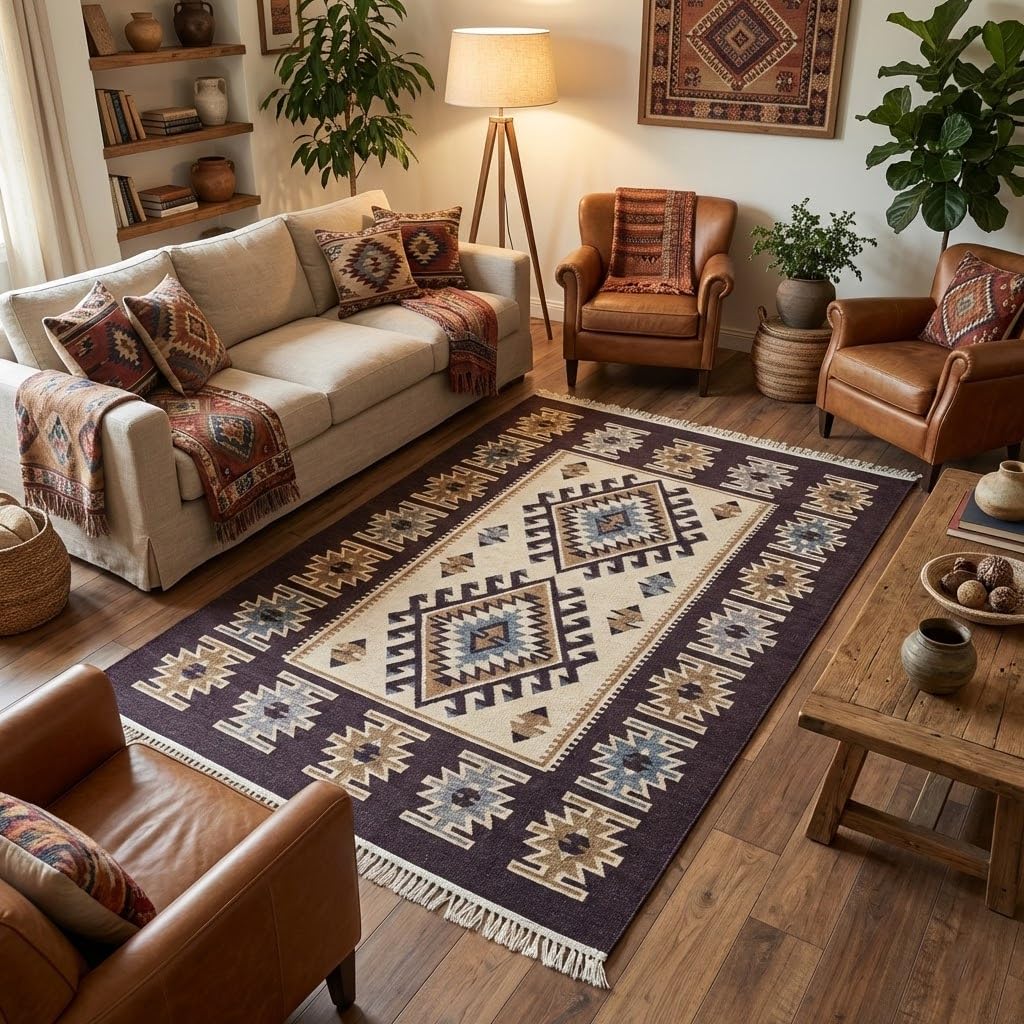 Turkish Kilim Rug, Vintage Bohemian Geometric Pattern, Blue and Beige, Reversible, Washable – Area Rug for Living Room, Hallway or Entryway, 2' x 4'1"