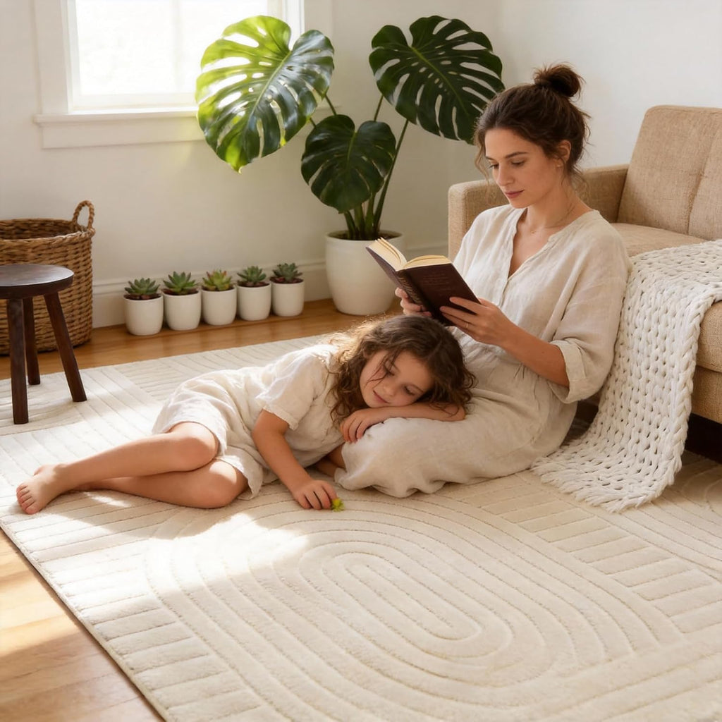 5x7 Geometric Solid Beige Area Rug – Washable, Durable Non-Slip Indoor Carpet with Soft High-Low Pile, Fluffy Floor Rugs for Living Room, Bedroom, Bedside, Kids Room, Nursery,Home Office Décor