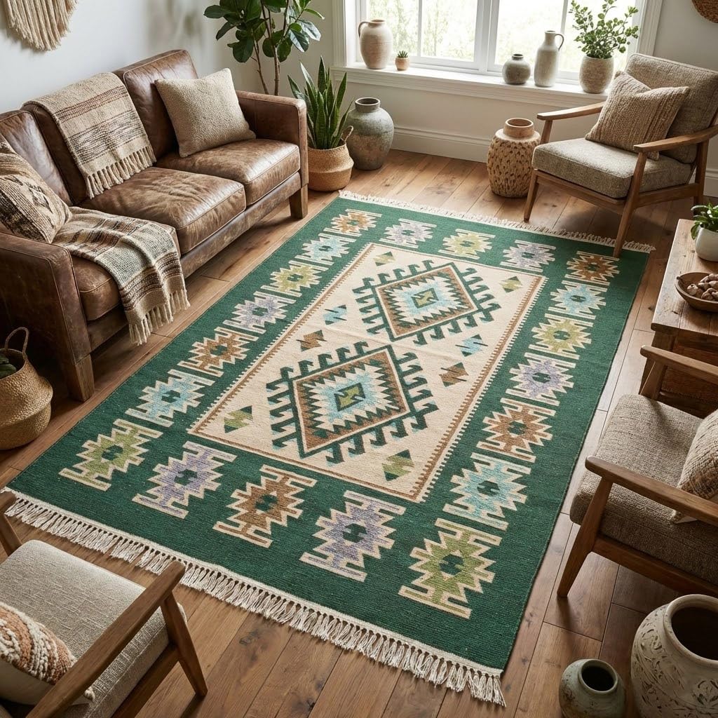 Turkish Kilim Rug, Vintage Bohemian Geometric Pattern, Blue and Beige, Reversible, Washable – Area Rug for Living Room, Hallway or Entryway, 2' x 4'1"