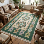 Turkish Kilim Rug, Vintage Bohemian Geometric Pattern, Blue and Beige, Reversible, Washable – Area Rug for Living Room, Hallway or Entryway, 2' x 4'1"
