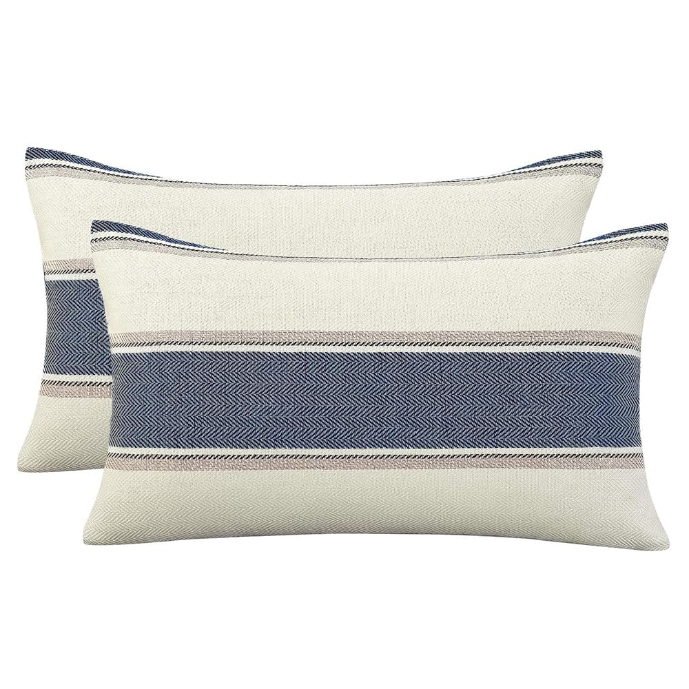 AmHoo Pack of 2 Farmhouse Linen Throw Pillow Cover Cushion Stripe Decoration Buffalo Retro Pillowcase with Hidden Zipper for Sofa Bedroom Car 18 x 18 Inch Blue
