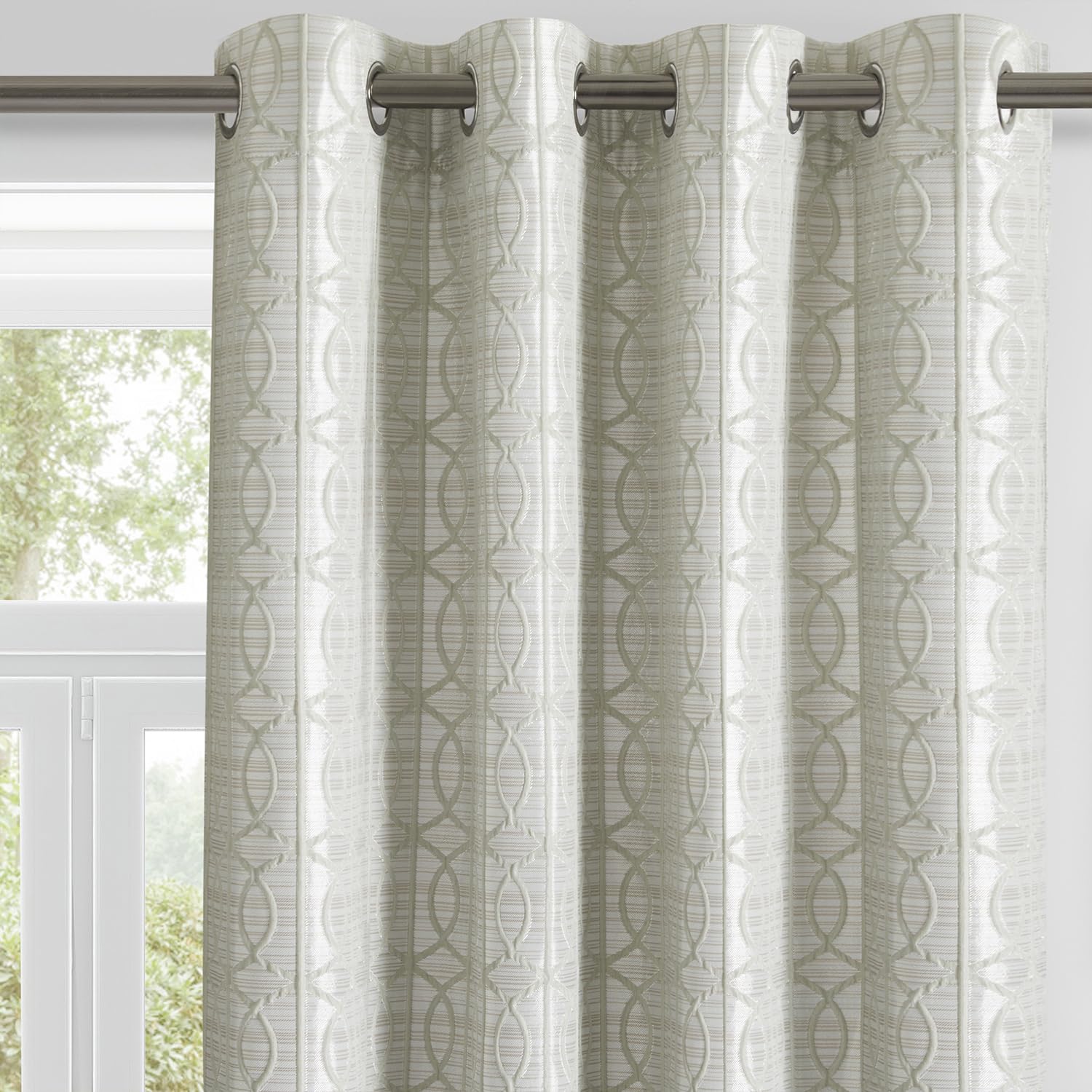 Beige and Silvery 100% Blackout Jacquard Geometric Pattern Curtains,52 Inch Wide 84 Inches Long 2 Panels, Thermal Insulated Noise Reducing Anti-Rust Grommet Drapes for Bedroom Living Room, Cream