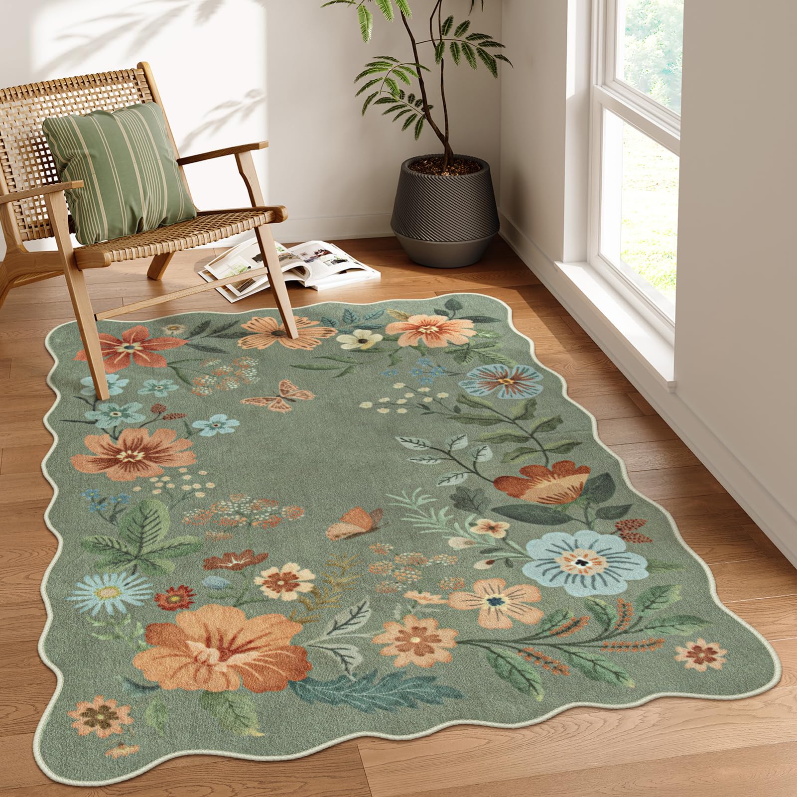 Lahome Floral Living Room Rugs, Area Rugs 5x7 Rug for Bedroom Ultra-Thin Soft Rug, Non-Slip Washable Rugs Stain Resistant Boho Rug Flore Throw Rug for ‎Dining Room Office (5x7ft,Green)