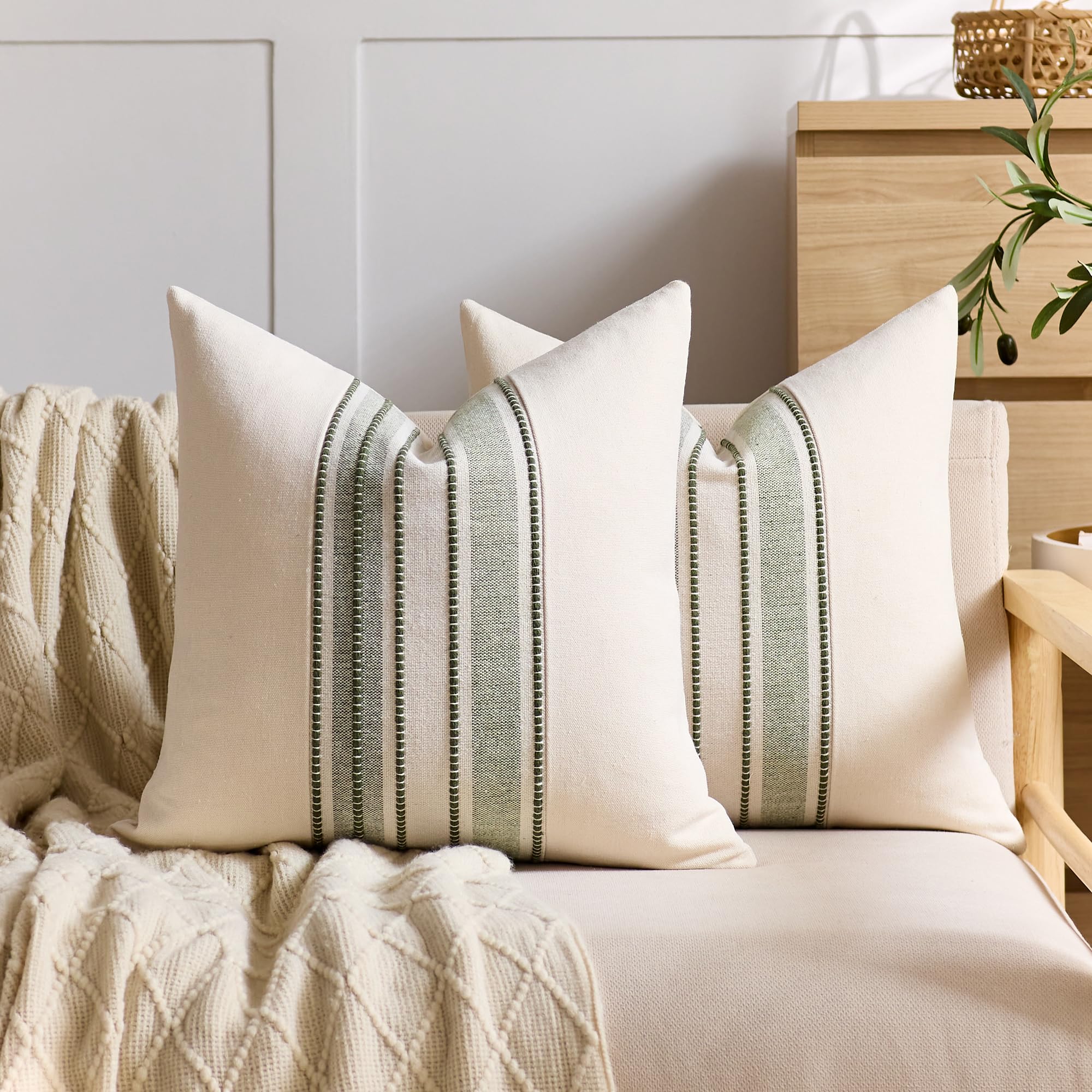Striped Linen Textured Throw Pillow Covers 18x18 Inch Set of 2,Boho Decorative Cushion Covers, Neutral Navy Blue Accent Pillowcases for Couch, Sofa, Bed Farmhouse & Modern Living Room Decor