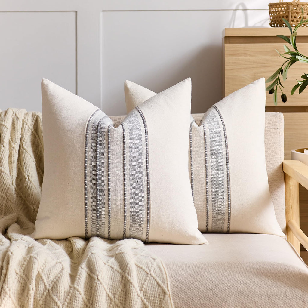 Striped Linen Textured Throw Pillow Covers 18x18 Inch Set of 2,Boho Decorative Cushion Covers, Neutral Navy Blue Accent Pillowcases for Couch, Sofa, Bed Farmhouse & Modern Living Room Decor
