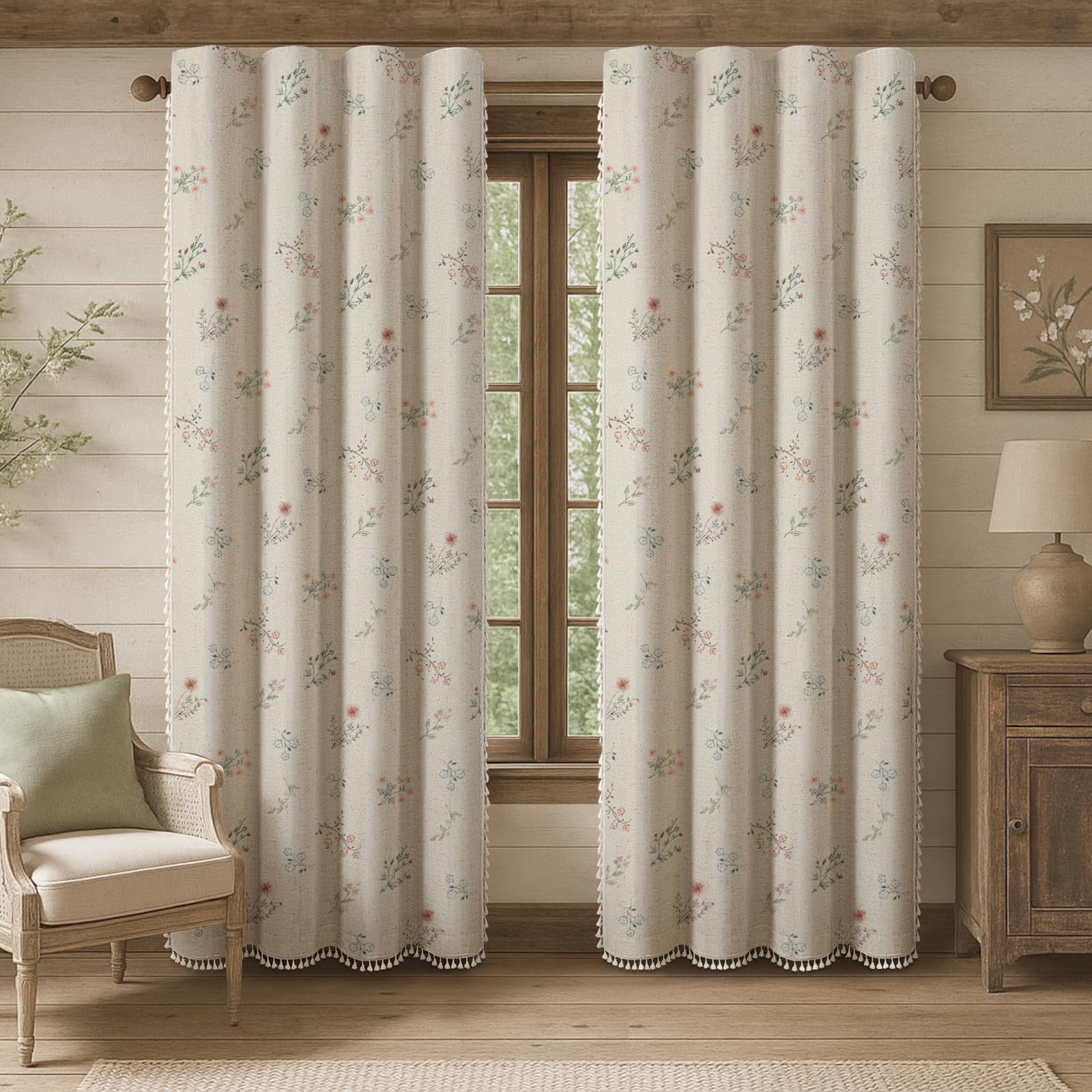 Floral Embroidered Linen Blend Curtains for Bedroom, 84 Inch Light Filtering Spring Farmhouse Vintage Drapes Beige Flower Window Treatments for Living Room Rod Pocket, Set of 2 Panels