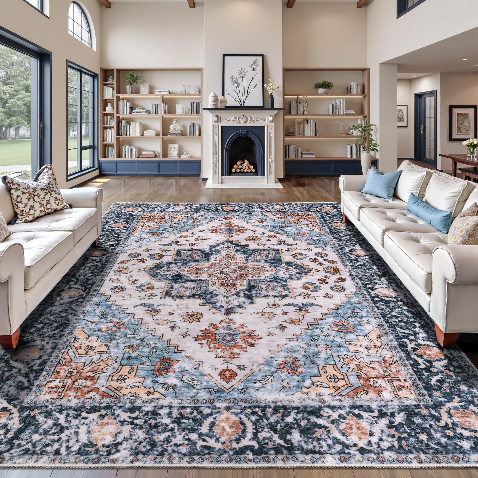 SERISSA Washable Rugs 8x10 Area Rugs, Large Non-Slip Boho Living Room Rust Rug, Ultra Soft Vintage Print Distressed Oriental Tribal Farmhouse Carpet for Dining Room Bedroom Dorm Office Home Decor