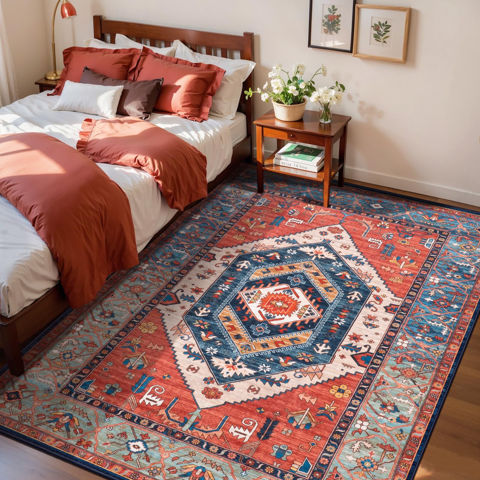 SERISSA Washable Rugs 8x10 Area Rugs, Large Non-Slip Boho Living Room Rust Rug, Ultra Soft Vintage Print Distressed Oriental Tribal Farmhouse Carpet for Dining Room Bedroom Dorm Office Home Decor