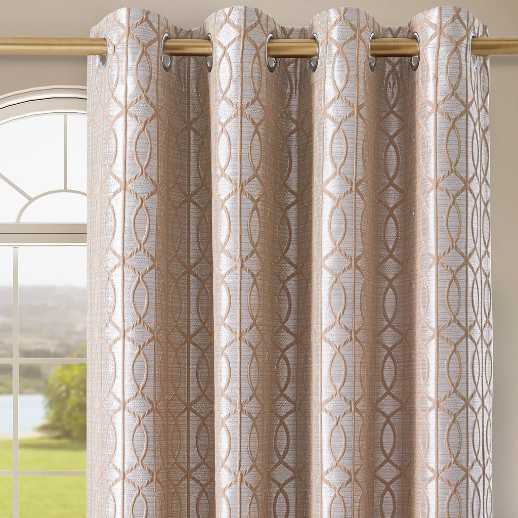 Beige and Silvery 100% Blackout Jacquard Geometric Pattern Curtains,52 Inch Wide 84 Inches Long 2 Panels, Thermal Insulated Noise Reducing Anti-Rust Grommet Drapes for Bedroom Living Room, Cream