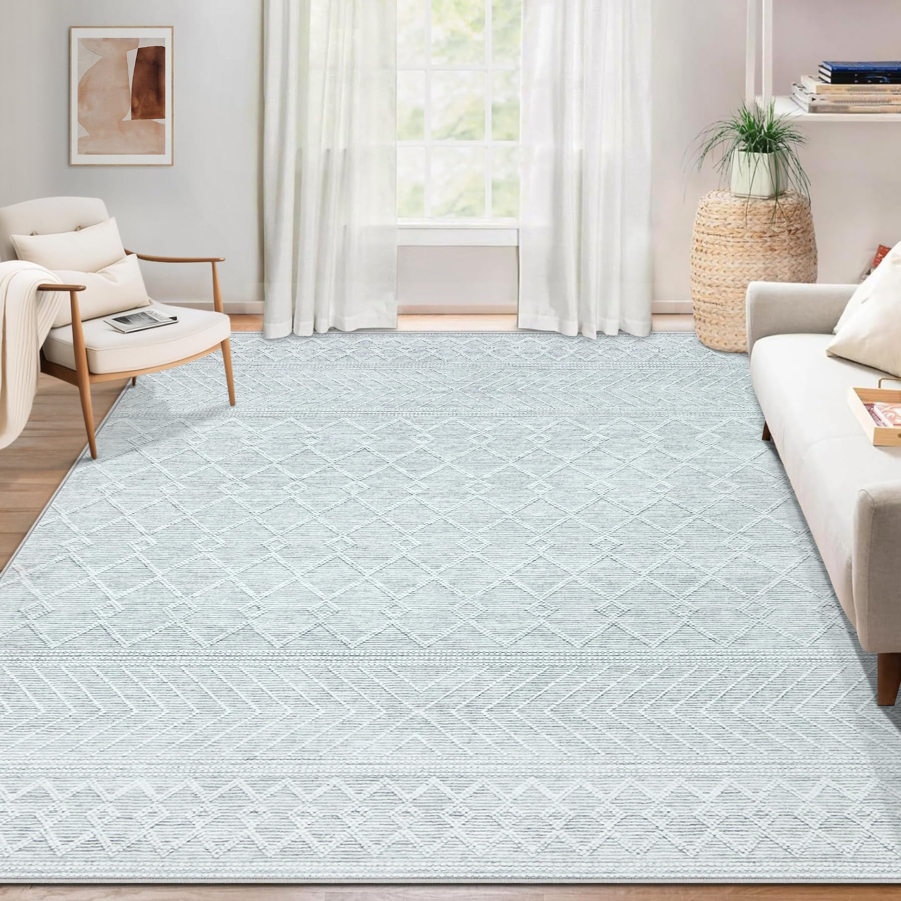 Area Rug Living Room Rugs 8x10 - Large Soft Boho Geometric Rug, Non-Slip Foldable Washable Rugs Non Shedding Morden Indoor Floor Carpet for Living Room Bedroom Office Dining Room(Brown Green,8'x10')