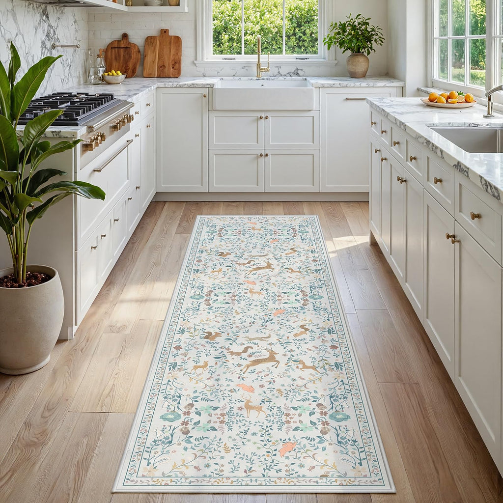 8x10 Beige Boho Floral Washable Non-Slip Thin Area Rug for Indoor Spaces