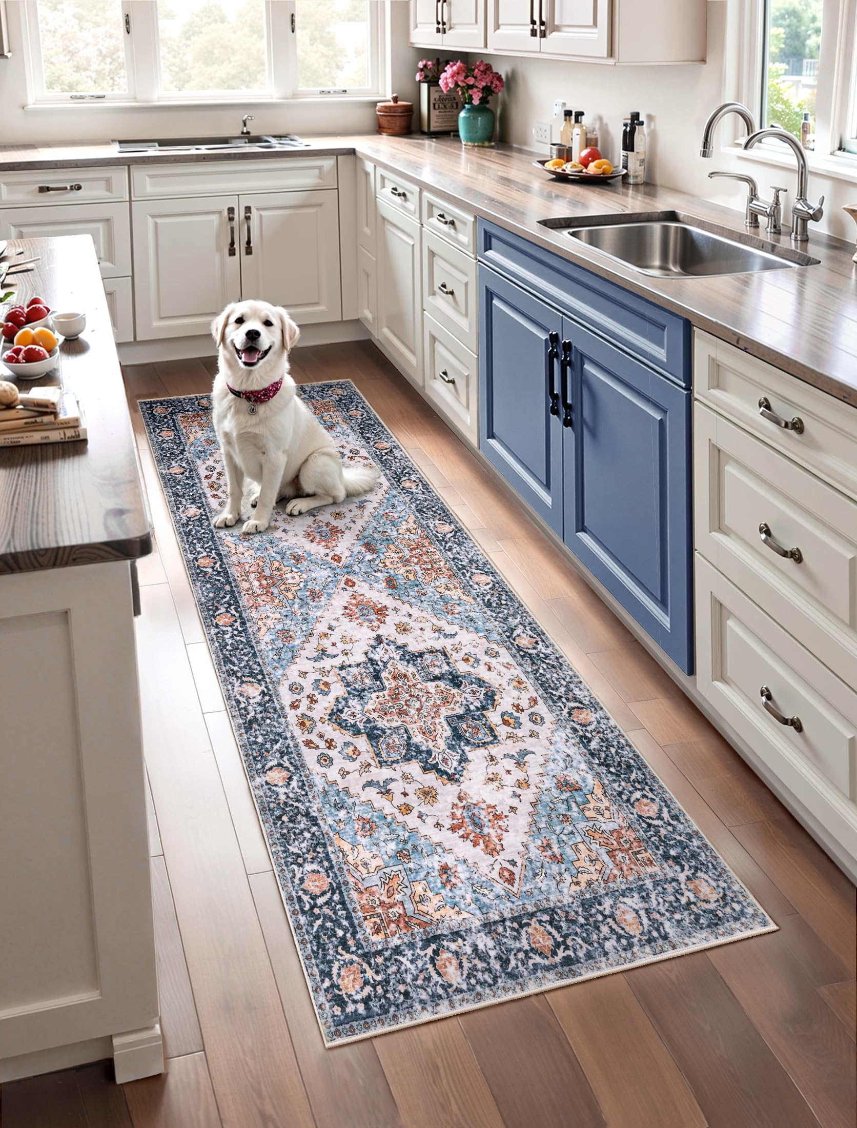 SERISSA Washable Rugs 8x10 Area Rugs, Large Non-Slip Boho Living Room Rust Rug, Ultra Soft Vintage Print Distressed Oriental Tribal Farmhouse Carpet for Dining Room Bedroom Dorm Office Home Decor