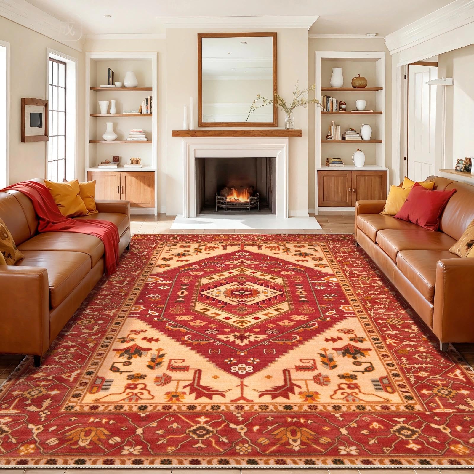 SERISSA Washable Rugs 8x10 Area Rugs, Large Non-Slip Boho Living Room Rust Rug, Ultra Soft Vintage Print Distressed Oriental Tribal Farmhouse Carpet for Dining Room Bedroom Dorm Office Home Decor